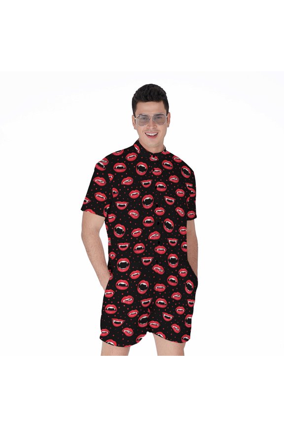 Red Halloween Vampire Lips Pattern Short Sleeve Men'S Rompers, Halloween Decorative Casual Summer Jumpsuits Outfit