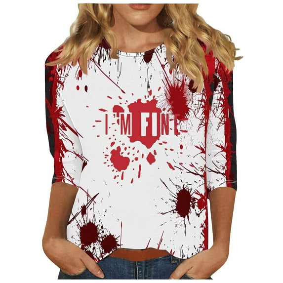 Red Halloween Women Long 3/4 Sleeve T Shirts Graphic Loose Fit Tops Tee for Women Boat Neck Happy Holiday Halloween Summer Fall Tee Shirt 2025 Clothes L