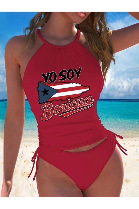 Red Halter Tankini Swimsuit Set With Puerto Rican Pride Graphic Print