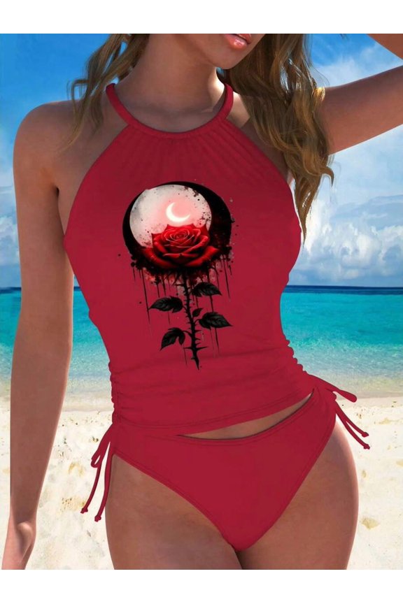 Red Halter Tankini Swimsuit With Gothic Rose Moon Print Ruched Two-Piece Set