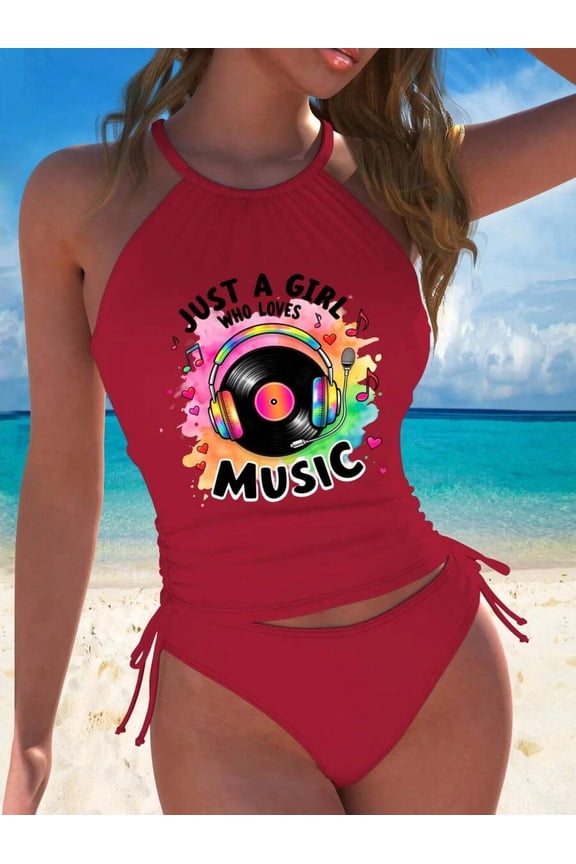 Red Halter Tankini Swimsuit With Vinyl Record Music Graphic, Ruched Side