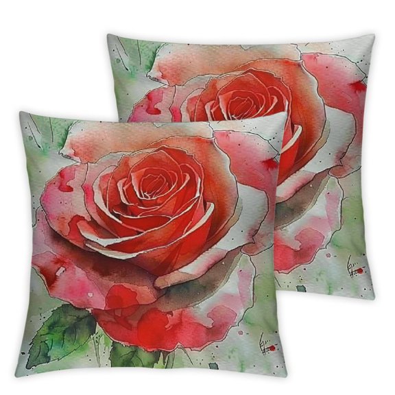 Red Hand Drawn Rose Illustration' Floral Throw Cushion Pillow Cover for Living Room, Sofa