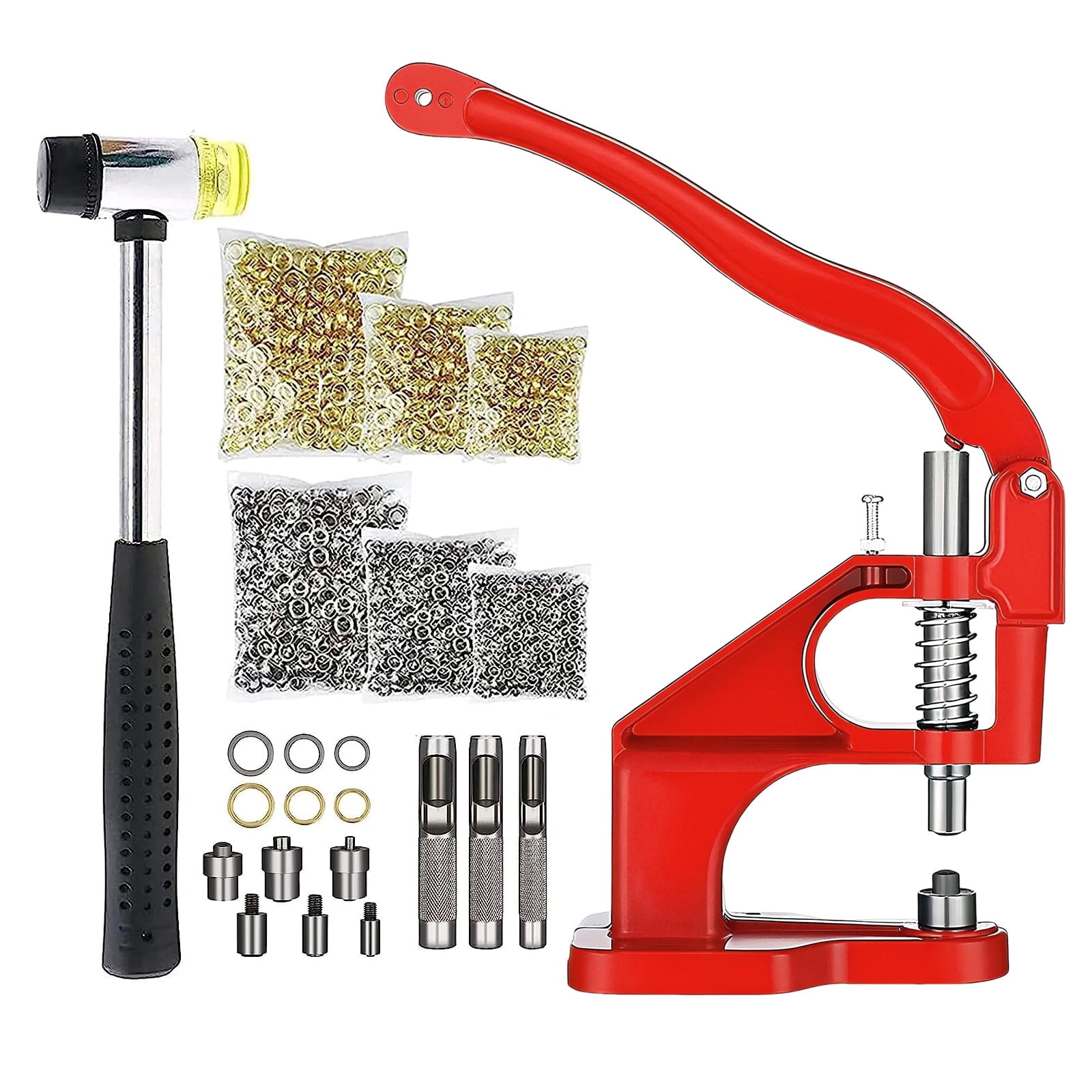 3000pcs Hand Press Grommet Machine, Heavy Duty Eyelet Grommet Machine Punch Tool Kit with Dies, Grommets, and Hammer for Snap Buttons, Rivets, Eyelets, and Pearls (Red)