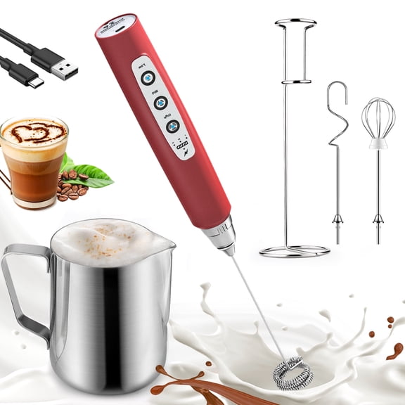 Red Handheld Milk Frother Wand with Stand & 14oz Milk Frothing Pitcher Milk Coffee Cappuccino Latte Art