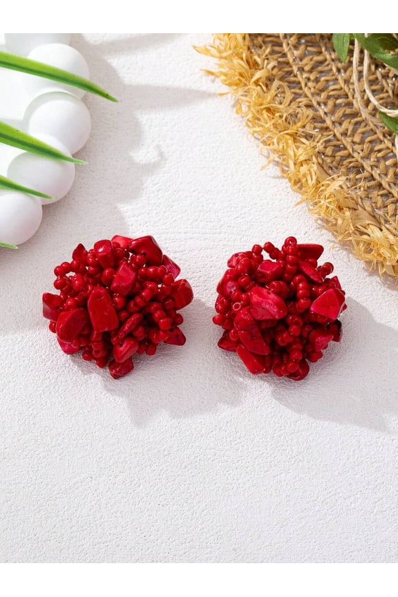 Red Handmade Beaded Stud Earrings With Chunky Gemstone Accents