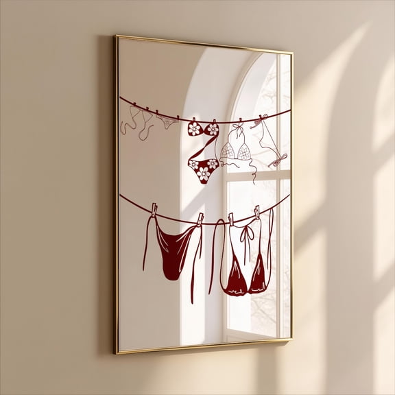 Red Hanging Bikini Summer Girl Wall Art, Unframed Paper Print Size 8x12