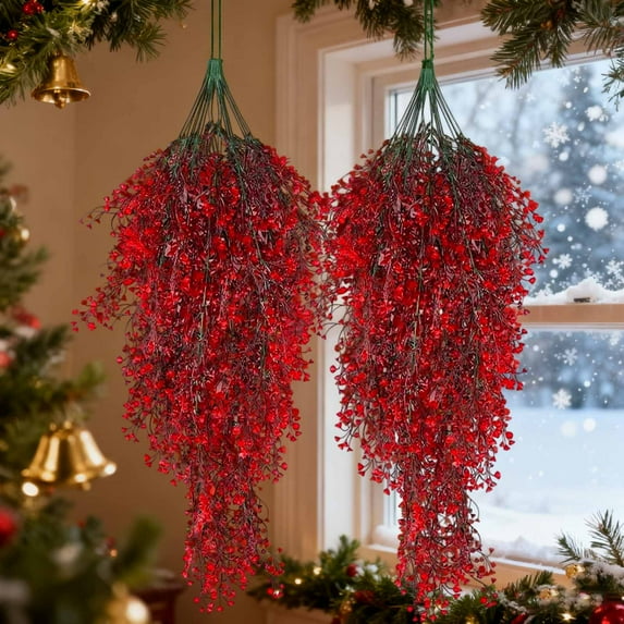 Red Hanging Flowers, Artificial Hanging Plants Artificial Fall Flowers Faux Autumn Plants Artificial Ferns - for Outdoors Hanging Fake Vines Faux Hanging Plants for Fall Decor Wedding Party (2Pcs)