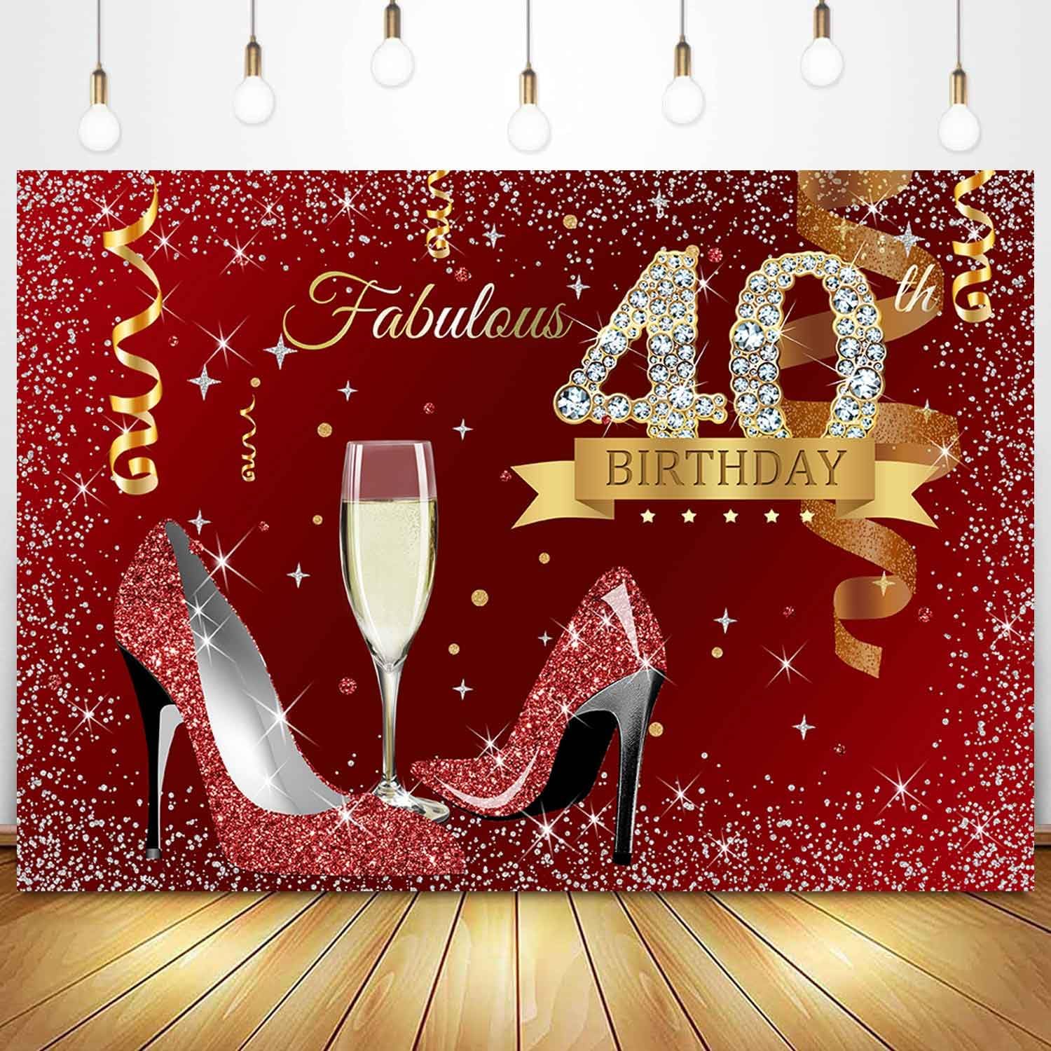 40 Background Red Happy 40th Birthday Backdrop for Women Gold Confetti Sparkle High ...