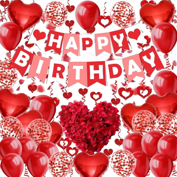 Red Happy Birthday Banner Heart-Shaped Aluminum Foil Balloon Round Latex balloons Fake Petals Hanging Streamers for happy Birthday Party Decorations