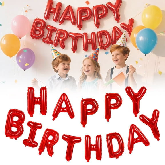 Red Happy Birthday Foil Letter Balloons Banner, 16 Inch Mylar Alphabet Balloon Set with Ribbon & Straw, Reusable Birthday Party Decorations for Kids Adults Boys Girls