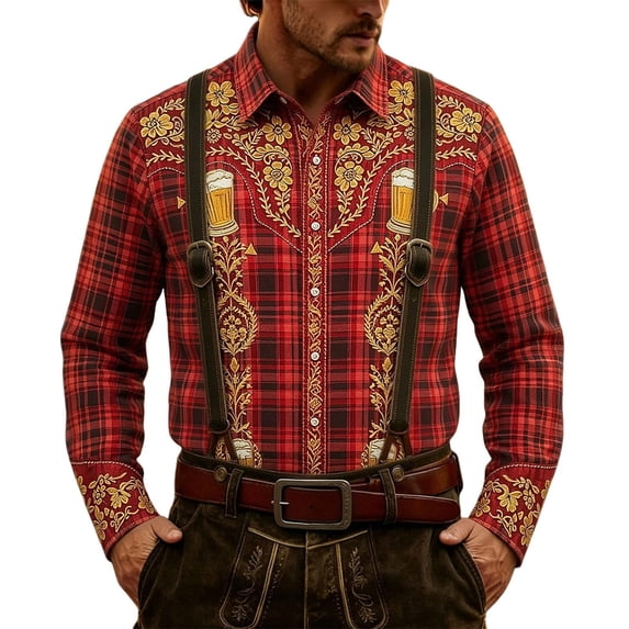 Red Happy Gift Oktoberfest Tshirts for Man Summer Fall Long Sleeve Collared Turtle Neck Graphic Tops Shirts Man Button 2026 Trendy 3XL