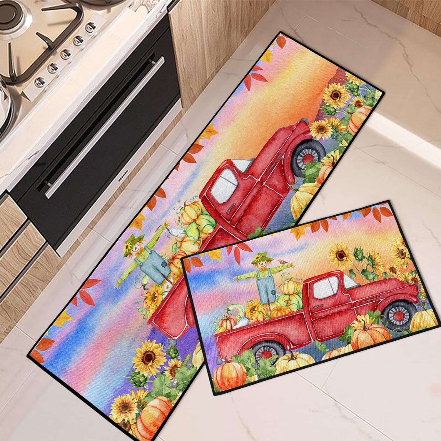 Red Harvest Truck Pumpkins Kitchen Rugs and Mats Non Skid Washable Set of 2, Fall Sunset