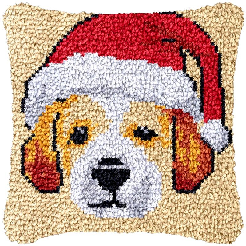 Red Hat Dog Latch Hook Pillow Cover Kits for Needlework Cushion Throw Pillow Cross Stitch Crochet Hook Pillowcase Rug Kits Printed Canvas Crochet Yarn Kits Needlework 17'' X 17''