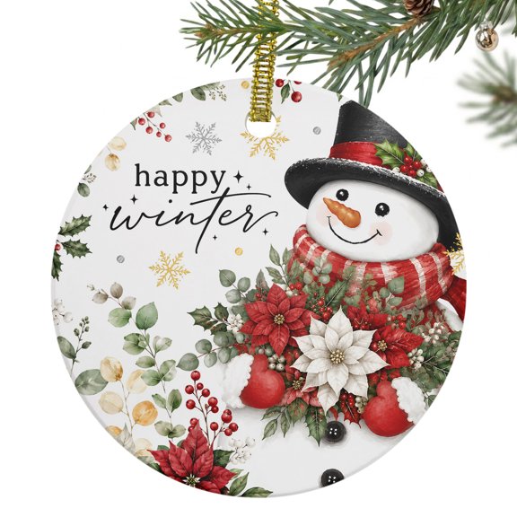Red Hat Snowman Ceramic Ornament 3 Inch Red White Poinsettia Happy Winter Script Round Porcelain Christmas Ornaments with Gold String for Holiday Party Xmas Tree Decor Gift for Friends Family