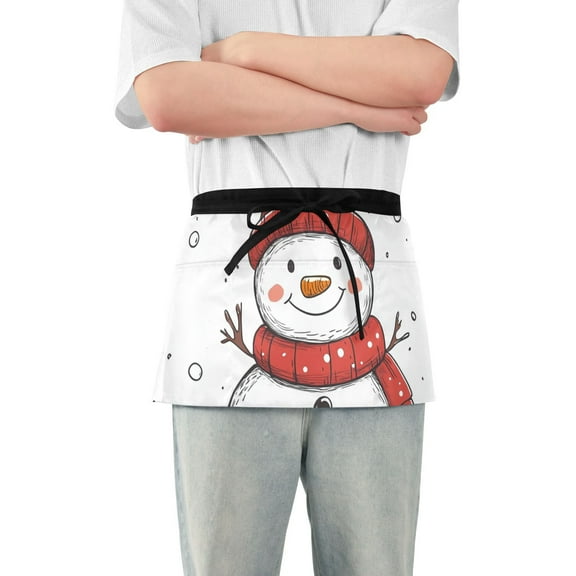 Red Hat Snowman Waist Apron Adjustable Server Half Apron Kitchen Cooking with 3 Pockets for Men Women