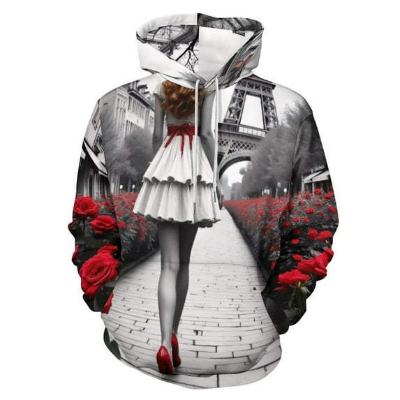 Red Hat, White Dress, Eiffel Tower 3D Print Hoodie Men Women Autumn Thin Pullover Sweatshirt Vintage Streetwear Tops
