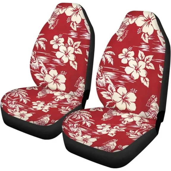 Red Hawaiian Floral Flowers Car Seat Cover Set of 2 Pcs High Stretchy Durable Auto Front Seat Cushion for Women Men Fit Vehicle 2 Piece