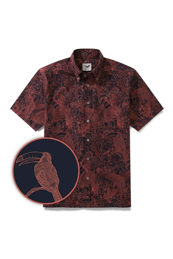 Men's Breathable Shirt Red Hawaiian Shirt Birds Print 100% Cotton Short Sleeve Button-down Shirt