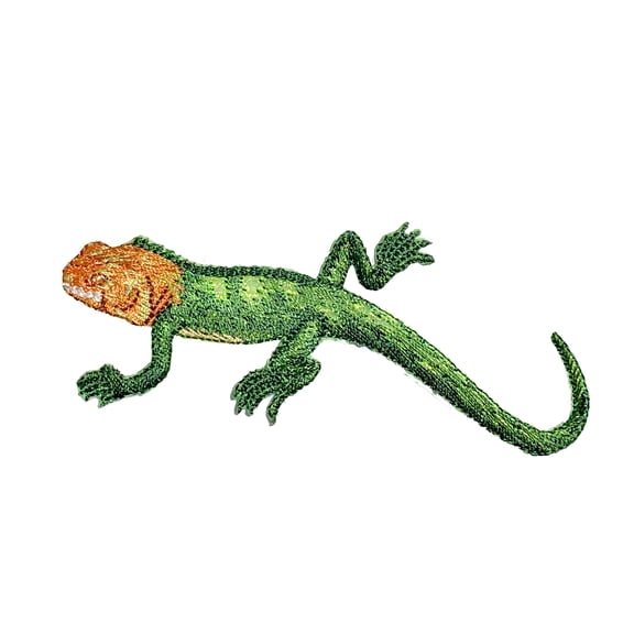 Red-Headed Agama - Green Shimmery Lizard Facing Left Embroidered Iron on Patch