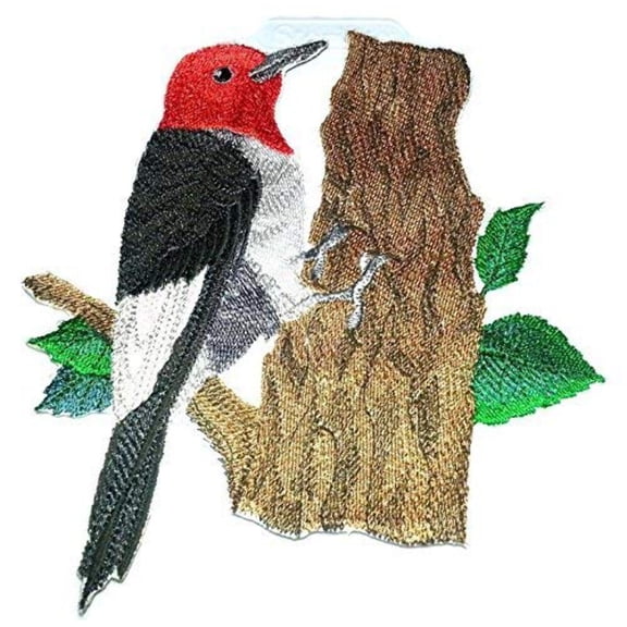 Red Headed Woodpecker Embroidered Iron on/Sew Patch [7"X 6"]