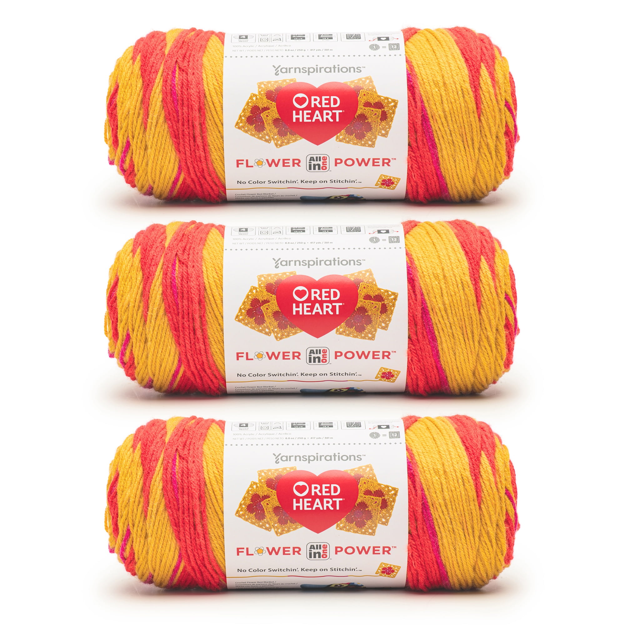 Red Heart® AIO Flower Power™ #4 Medium Acrylic Yarn, Poppy Star 8.8oz/250g 417 Yards 3pk