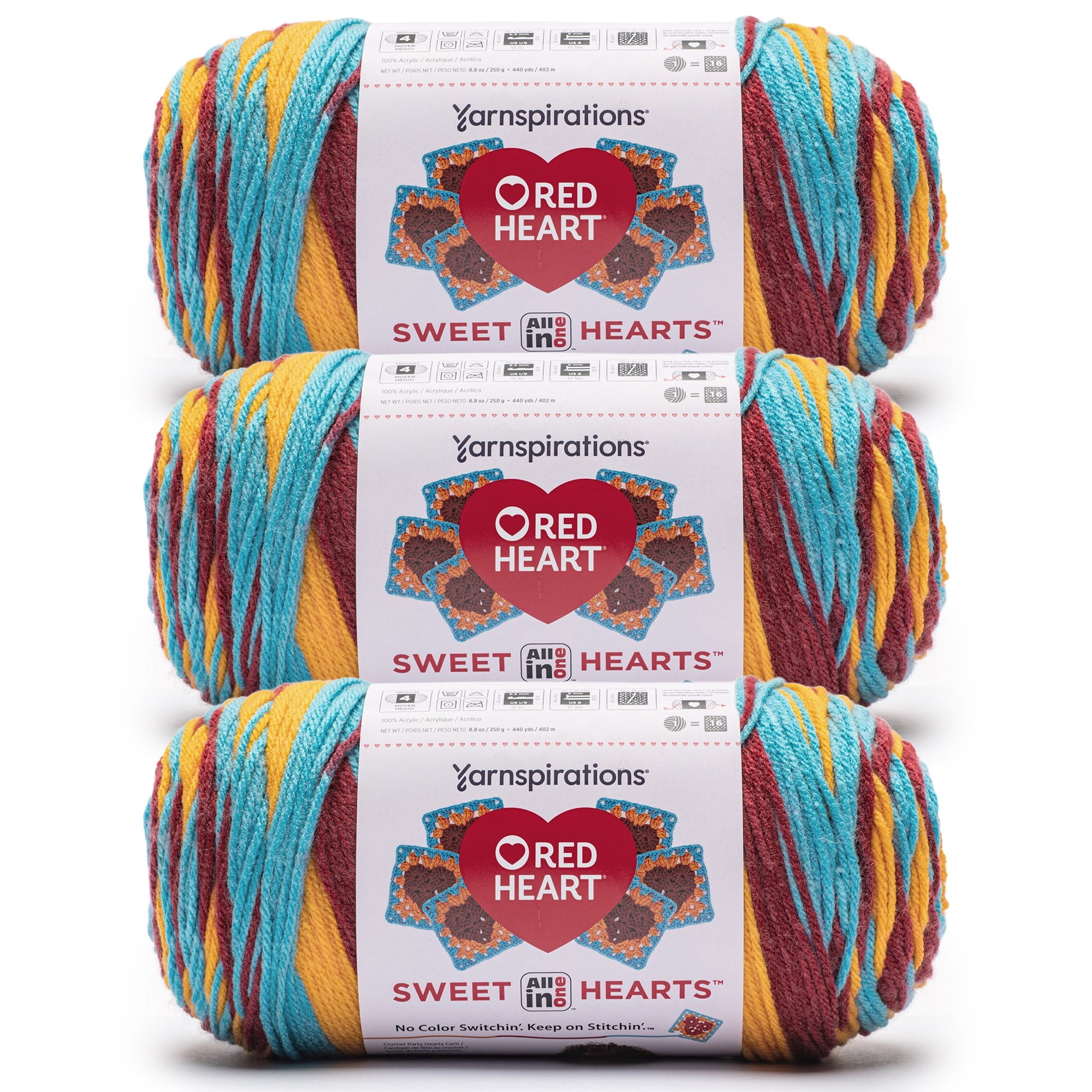 Red Heart® AIO Sweet Hearts™ #4 Worsted (Medium) Acrylic Yarn, Primary 8.8oz/250g 440 Yards (3 Pack)