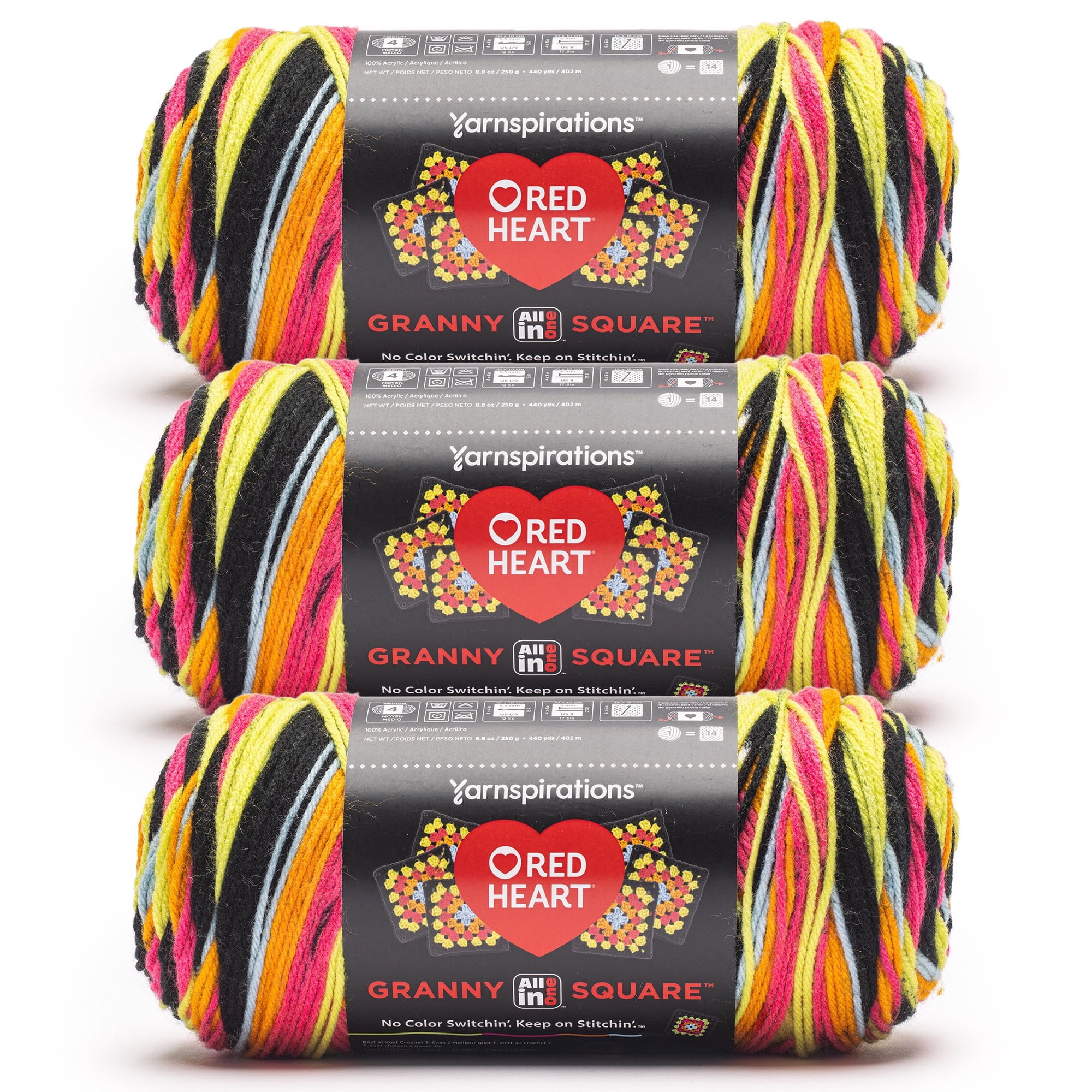 Red Heart® All In One Granny Square™ #4 Worsted (Medium) Acrylic Yarn, Black-Spicy Lime 8.8oz/250g 440 Yards (3 Pack)