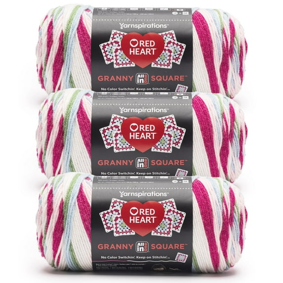 Red Heart® All In One Granny Square™ #4 Worsted (Medium) Acrylic Yarn, Soft White-Strawberry Delight 8.8oz/250g 440 Yards (3 Pack)