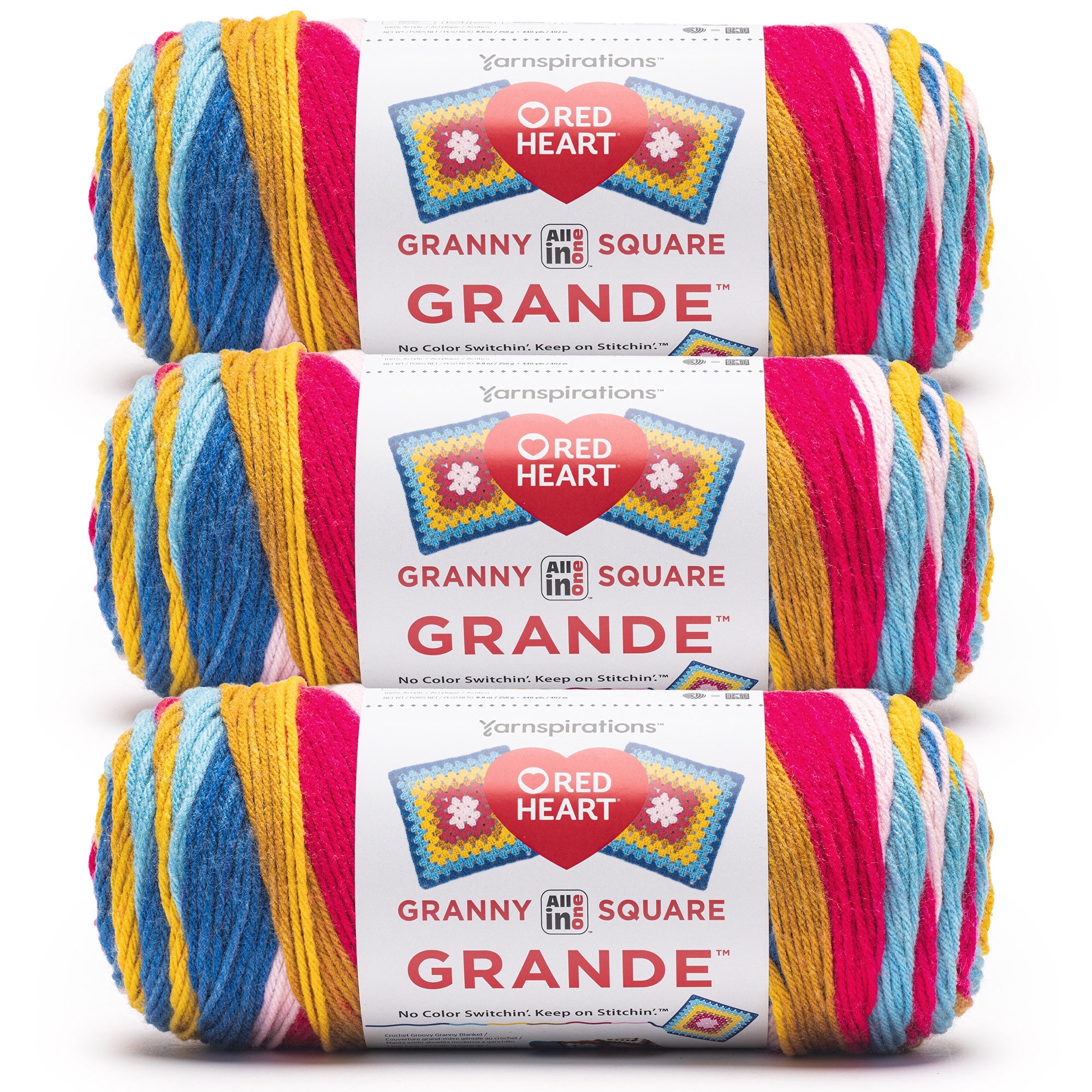 Red Heart® All In One Granny Square Grande™ #4 Worsted (Medium) Acrylic Yarn, Cats Meow 8.8oz/250g 440 Yards (3 Pack)