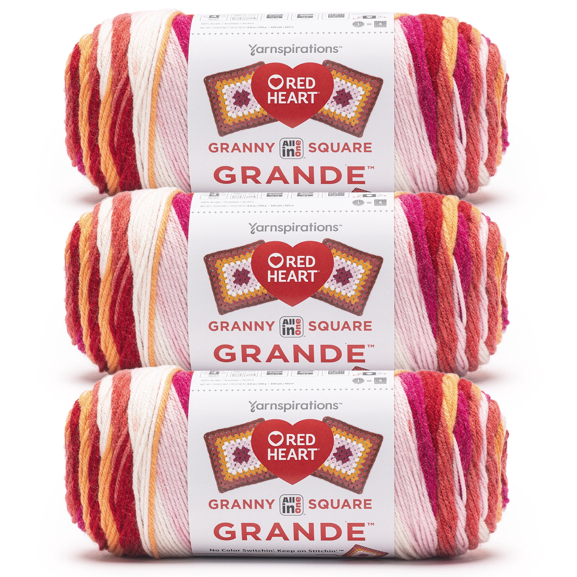 Red Heart® All In One Granny Square Grande™ #4 Worsted (Medium) Acrylic Yarn, Fantabulous 8.8oz/250g 440 Yards (3 Pack)