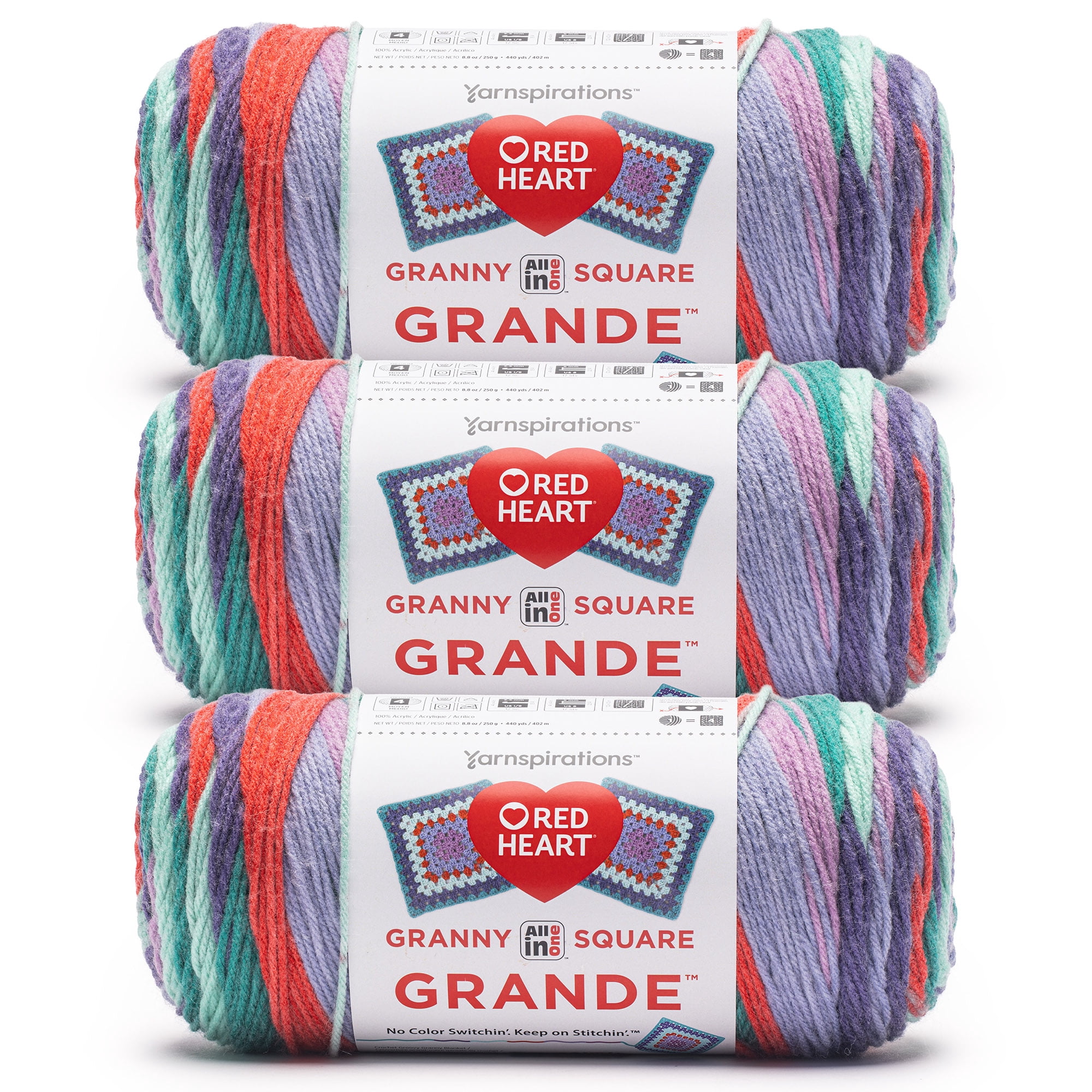 Red Heart® All In One Granny Square Grande™ #4 Worsted (Medium) Acrylic Yarn, Lollapalooza 8.8oz/250g 440 Yards (3 Pack)