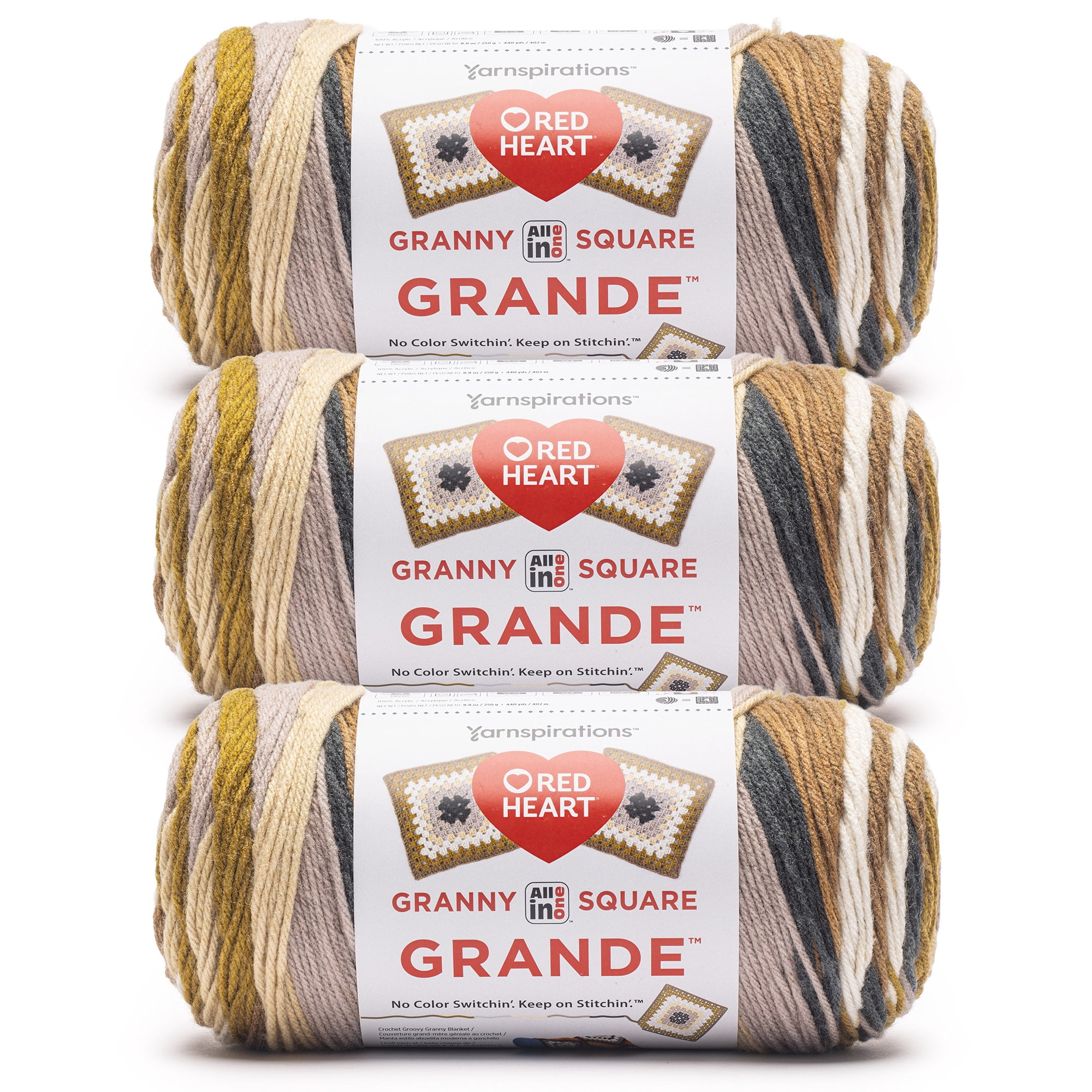 Red Heart® All In One Granny Square Grande™ #4 Worsted (Medium) Acrylic Yarn, Sepia Tone 8.8oz/250g 440 Yards (3 Pack)