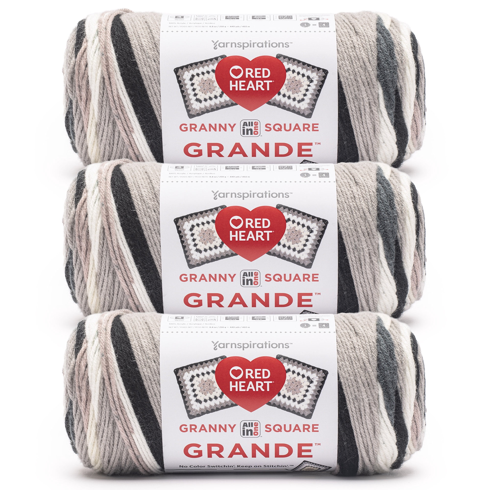 Red Heart® All In One Granny Square Grande™ #4 Worsted (Medium) Acrylic Yarn, Sterling 8.8oz/250g 440 Yards (3 Pack)