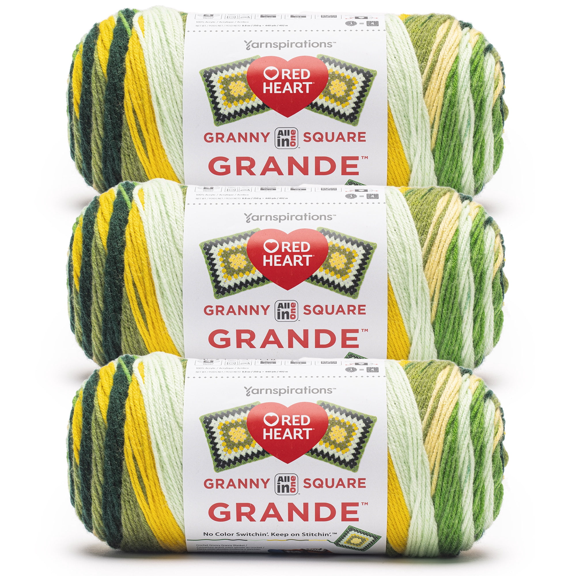 Red Heart® All In One Granny Square Grande™ #4 Worsted (Medium) Acrylic Yarn, Topnotch 8.8oz/250g 440 Yards (3 Pack)