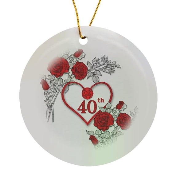 3drose, Red Heart and Roses 40th Ruby Anniversary for Wedding or Business, Circle Porcelain Ornament