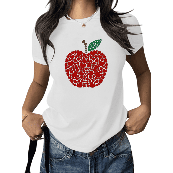 Red Heart Apple Teacher Print Tshirt Graphic Tees Shirts Teacher Appreciation White S-5XL Tops