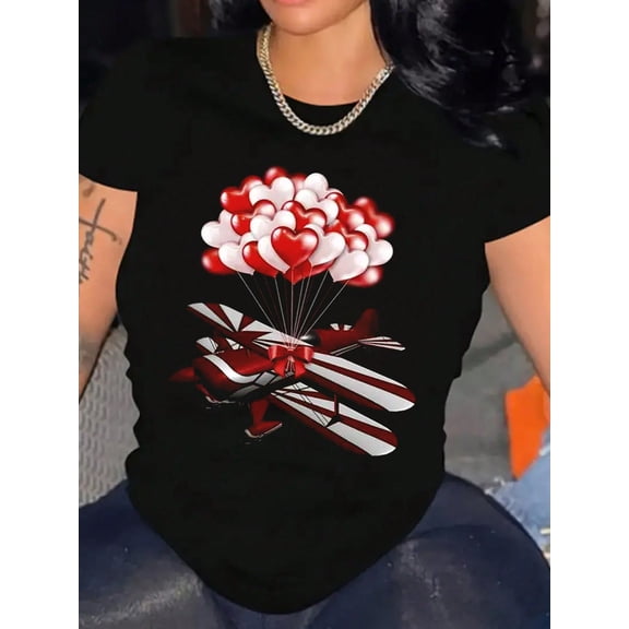 Red Heart Balloon Biplane Valentine's Day Women Short Sleeve Crewneck T-Shirt