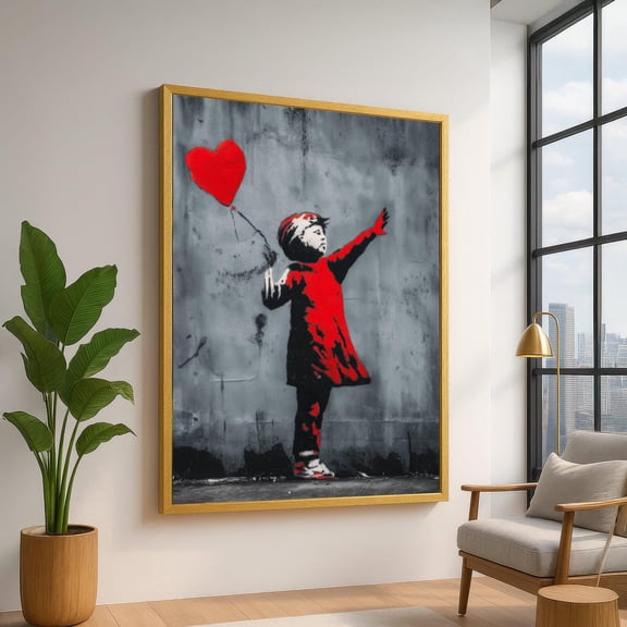 Red Heart Balloon Girl Canvas Wall Art, Urban Street Art Style, Banksy Wall Decor, Modern Graffiti Canvas, Kids Room Decoration, Unframed Poster Size 24x36