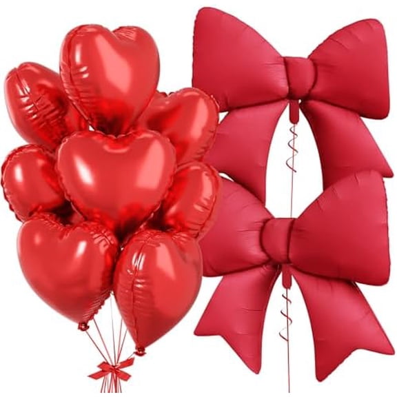 Red Heart Balloons, Foil Bow Balloons, 10Pcs 18 Inch Heart Shaped Balloon and 38 Inch Helium Red Bow Foil Balloon for Birthday Valentines Engagement Baby Shower Bridal Wedding Anniversary Decor