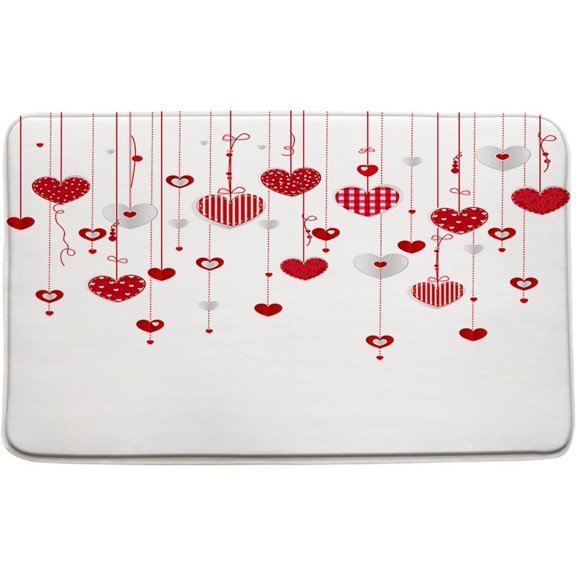 Red Heart Bath Mat Valentine‘s Day Love Heart Polka Dot Romantic Couple Simple Art Cartoon Bathroom Kitchen Rugs,17.8"x 29.5"