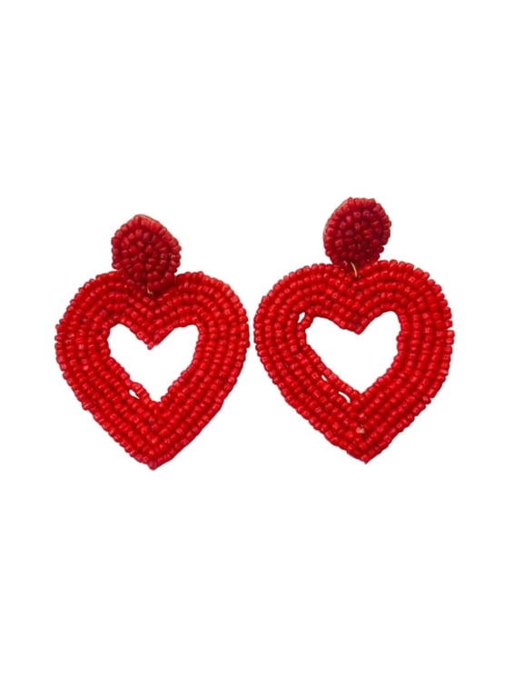 QRIXLOOM Red Heart Beaded Earrings Handmade Lightweight Statement Jewelry for Women