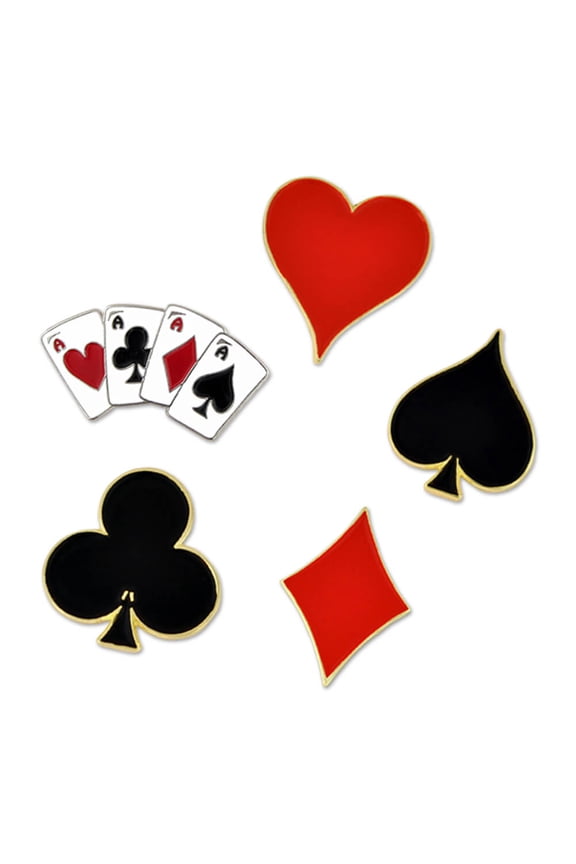 Red Heart Black Spade Aces Club Diamond Playing Card Enamel Lapel Pin Set - 5 Piece Unisex Pin Set for Teens and Adults