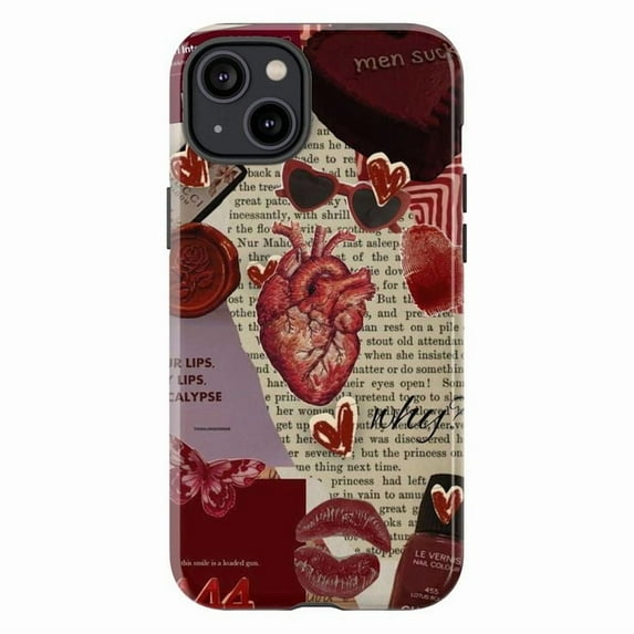 Red Heart Collage Phone Case, Anatomical Heart, Lips, Vintage Text, “Men Suck” Quote, Gothic Romance Protective Phone Cover for iPhone 16 15 14 13 12 11 Mini Pro Max