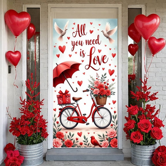 Red Heart Design Love Banner White Dove Pattern Romantic Display Rose Bouquet Decor Red Accent Valentine Backdrop for Valentine's Day Wedding Anniversary