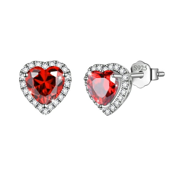 Red Heart Earrings Women January Birthstone Earrings Garnet CZ 925 Sterling Silver Stud Earrings Crystal Jewelry Birthday Mother's Day Gifts