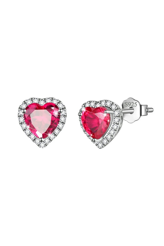 Red Heart Earrings Women July Birthstone Earrings Ruby CZ 925 Sterling Silver Stud Earrings Crystal Jewelry Dating Birthday Mother's Day Gifts