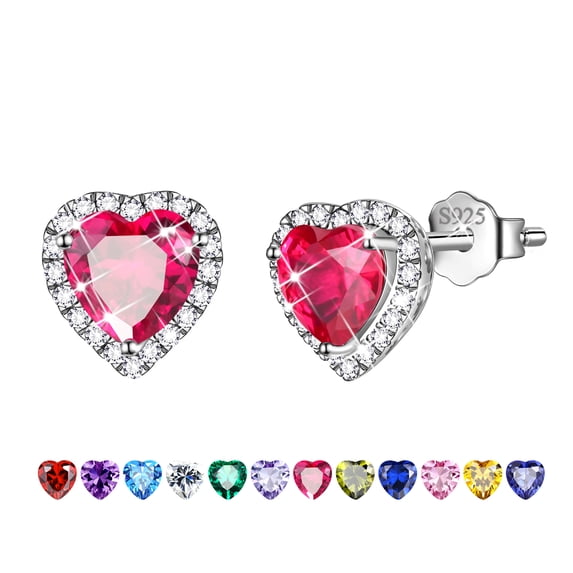Red Heart Earrings Women July Birthstone Earrings Ruby CZ 925 Sterling Silver Stud Earrings Crystal Jewelry Dating Birthday Mother's Day Gifts