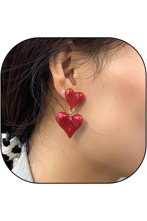 Red Heart Earrings for Women Layered Love Heart Dangle Earrings Lightweight Vintage Wine Red Resin Earrings Cute Christmas Valentine's Day Jewelry Gifts