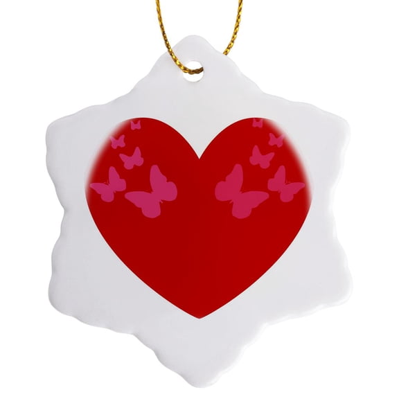 3drose, Red Heart Floating Butterflies- Art, 3 inch Snowflake Porcelain Ornament