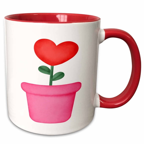 3drose, Red Heart Flower in a Pink Flower Pot Illustration, 15oz Two-tone Red Mug